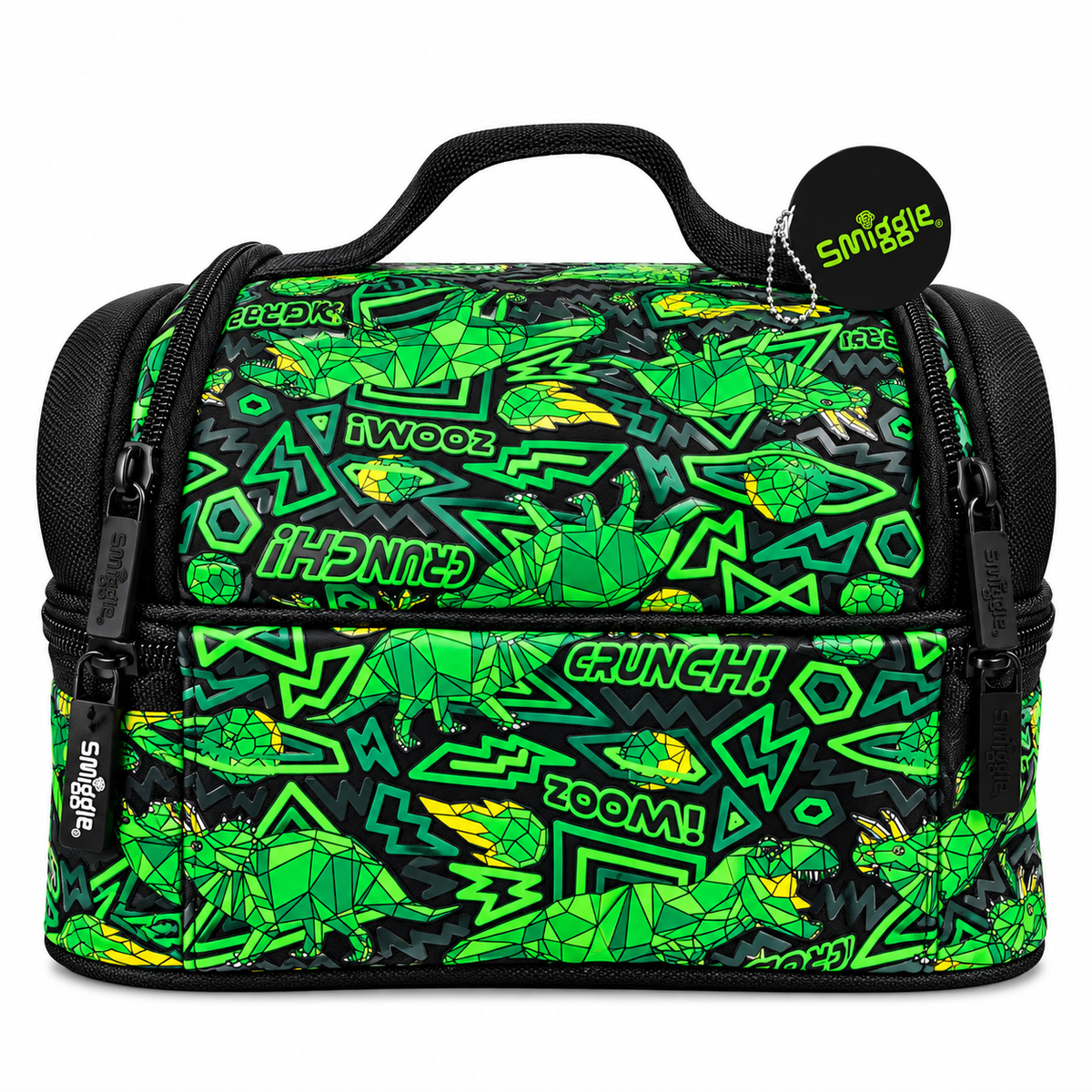 Smiggle Classic Lunchbox for Kids – Insulated Double-Zip School Lunch Bag with Carry Handle, Dinosaur Print – Green & Black
