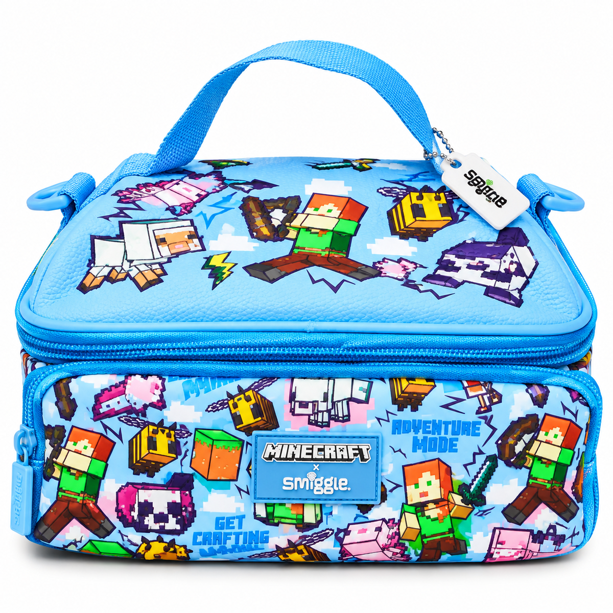 Smiggle x Minecraft Classic Lunchbox for Kids – Insulated Double-Zip School Lunch Bag with Carry Handle, Pixel Character Print – Blue