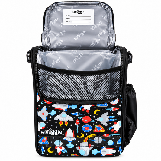 Smiggle Space Astronaut Double Decker Lunchbox for Kids – Insulated School Lunch Bag with Carry Handle, Bottle Pocket & Galaxy Rocket Print – Black