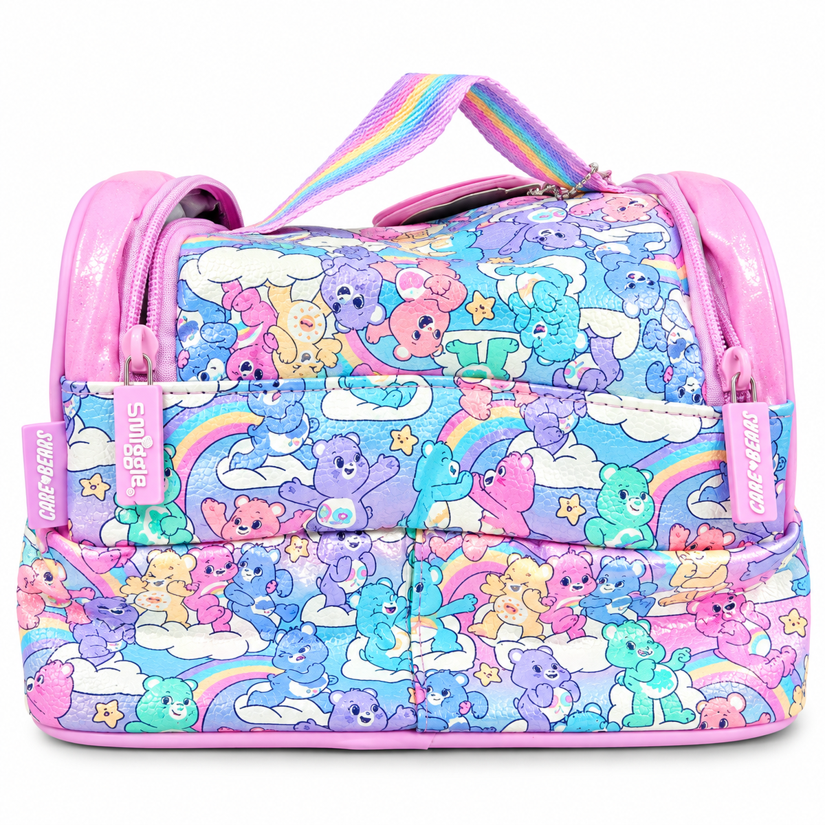 Smiggle x Care Bears Kids Insulated Lunch Bag – Double Zip School Lunch Box with Rainbow Carry Handle, Glitter Pink Finish & Colourful Character Print