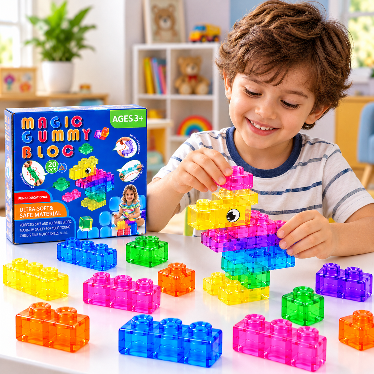 Magic Gummy Bloc 20 Pcs Soft & Flexible Building Blocks for Kids – Squeeze & Stretch Translucent Colourful Construction Blocks, Creative Educational Sensory Building Toy for Boys & Girls Ages 3+