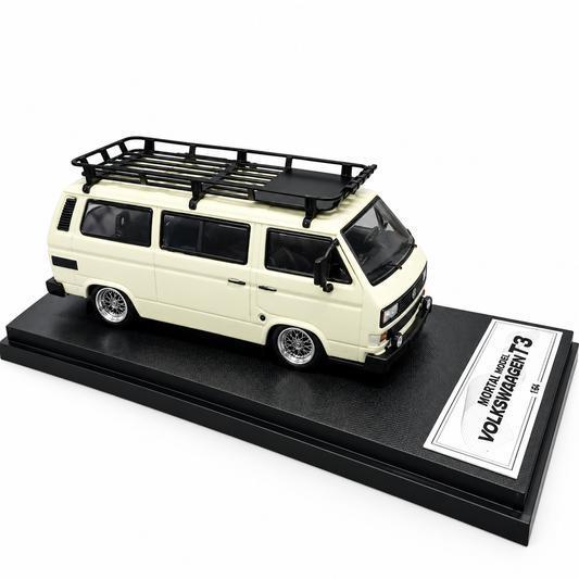Mortal Model 1:64 Volkswagen T3 Multivan Die-Cast Model Car with Roof Rack, Detailed Interior, Accessories & Premium Display Base – Cream Collectible Miniature Van