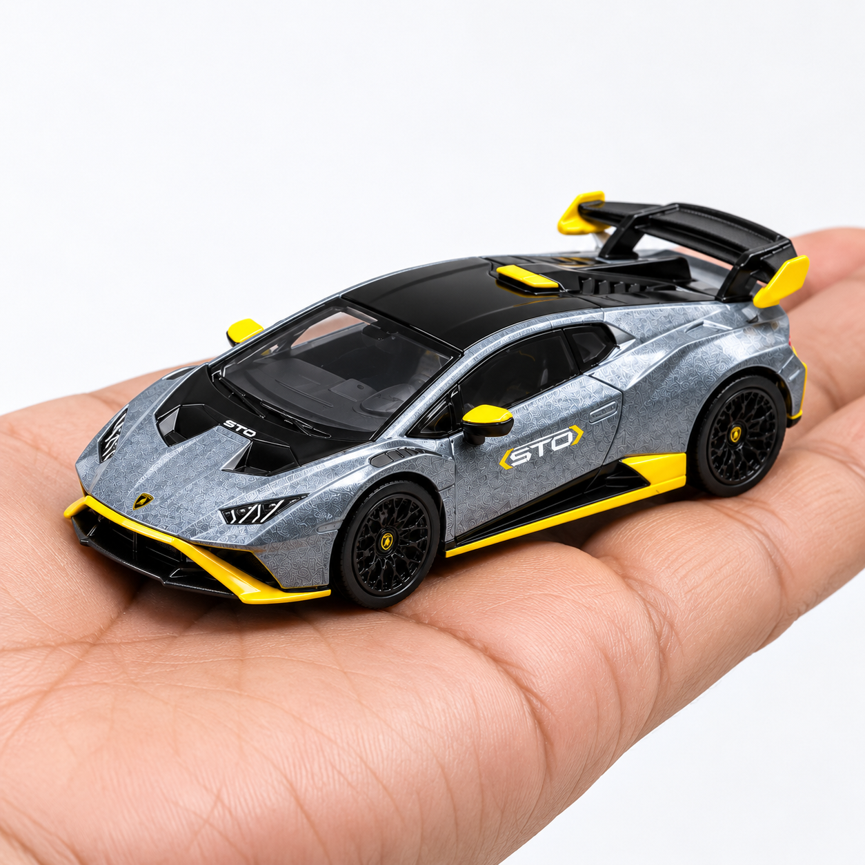 CCA 1:64 Lamborghini Huracán STO Die-Cast Model Car | Metallic Grey Supercar with Yellow Accents, Detailed Interior & Racing Rear Wing | Premium Collectible Miniature Car for Lamborghini & Die-Cast Collectors