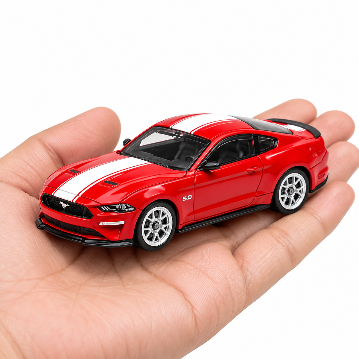 CCA 1:64 Ford Mustang GT S06-02 Die-Cast Model Car | Red American Muscle Car with White Racing Stripes, Detailed Interior & Silver Sport Wheels | Premium Collectible Miniature