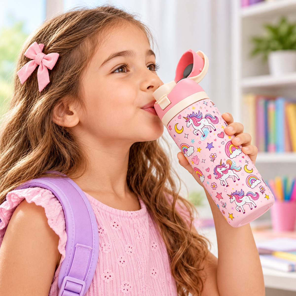 Unicorn Kids Water Bottle 946ml (32 Oz) Large Capacity Pink Sipper Bottle with Flip Top Lid, Cute Rainbow, Stars & Unicorn Printed Design, Reusable Drinking Bottle for Girls, School, Travel & Outdoor Use