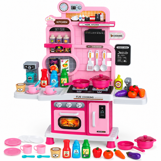 Mini Chef 56 PCS Kids Pretend Play Kitchen Set with Lights, Sounds, Cooking Stove, Sink & Accessories – Pink