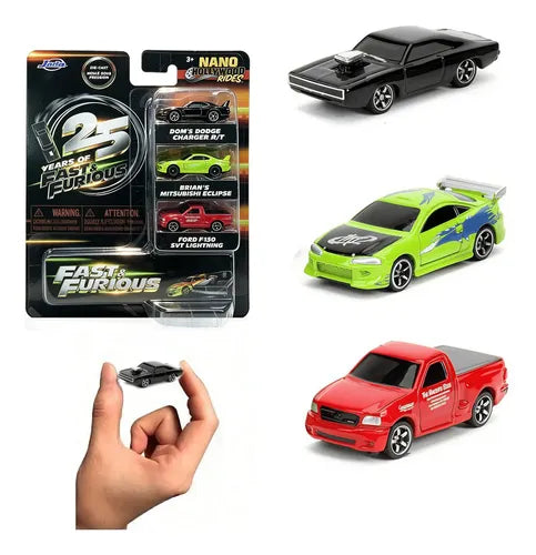Jada Toys Fast & Furious 25th Anniversary Nano Hollywood Rides 3-Piece Diecast Car Set #1 | 1.65" Mini Collectible Cars | Creased Card