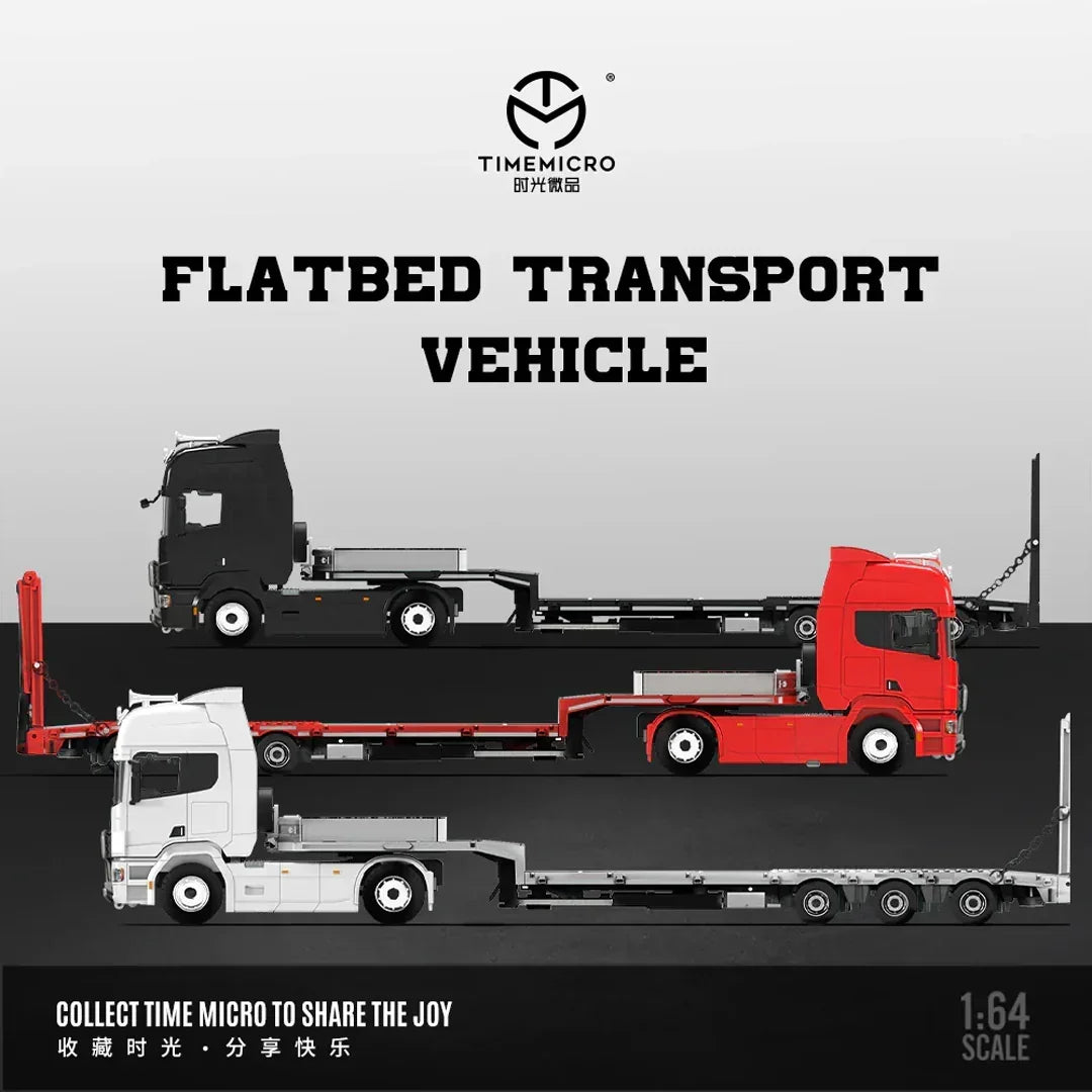 Time Micro 1:64 Scania Flatbed Transport Vehicle Diecast Model | Premium Metal Transporter with Display Base - Red
