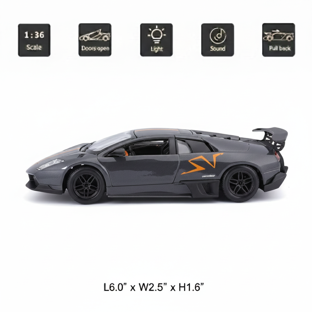 RMZ City 1:36 Lamborghini Murcielago LP 670-4 SV Diecast Car Model – Grey| Openable Doors, Sound & Light