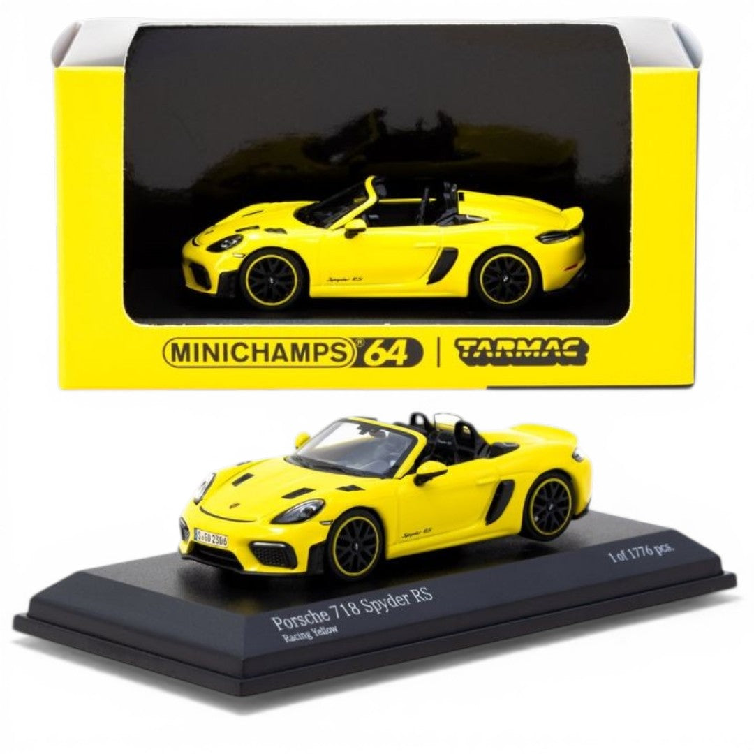 Minichamps x Tarmac Works COLLAB64 1:64 Porsche 718 Spyder RS Set – Ruby Star Neo & Yellow Diecast Model Cars (2 Variants)