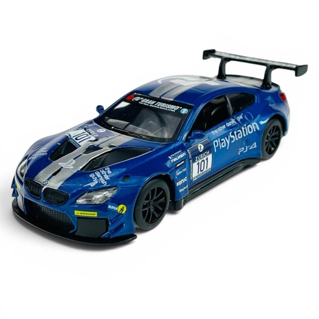 MSZ 1:38 BMW M6 GT3 #101 PlayStation Livery Blue Die-Cast Model Car with Openable Doors & Pull-Back Action
