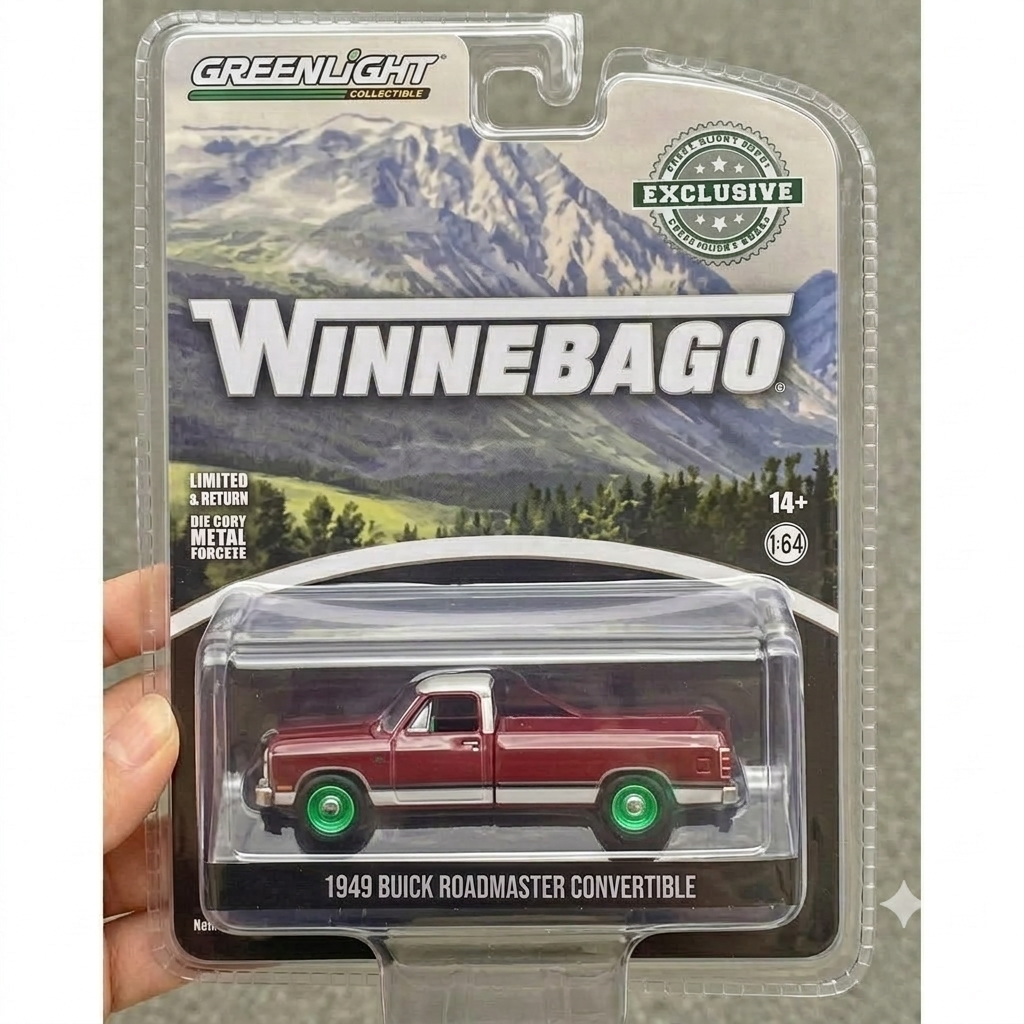 GreenLight 1:64 1949 Buick Roadmaster Convertible Diecast Model Red Diecast Pickup Truck with Green Wheel Rims – Winnebago Packaging