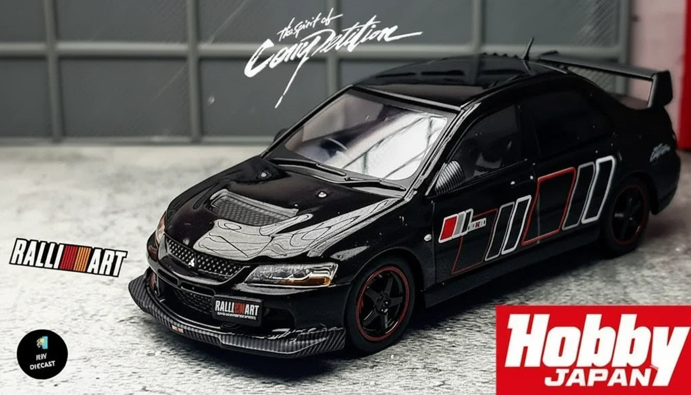 HJ64 1:64 Mitsubishi Lancer Evolution IX Die-Cast Model Car – Black with Racing Stripes (Collector’s Edition)