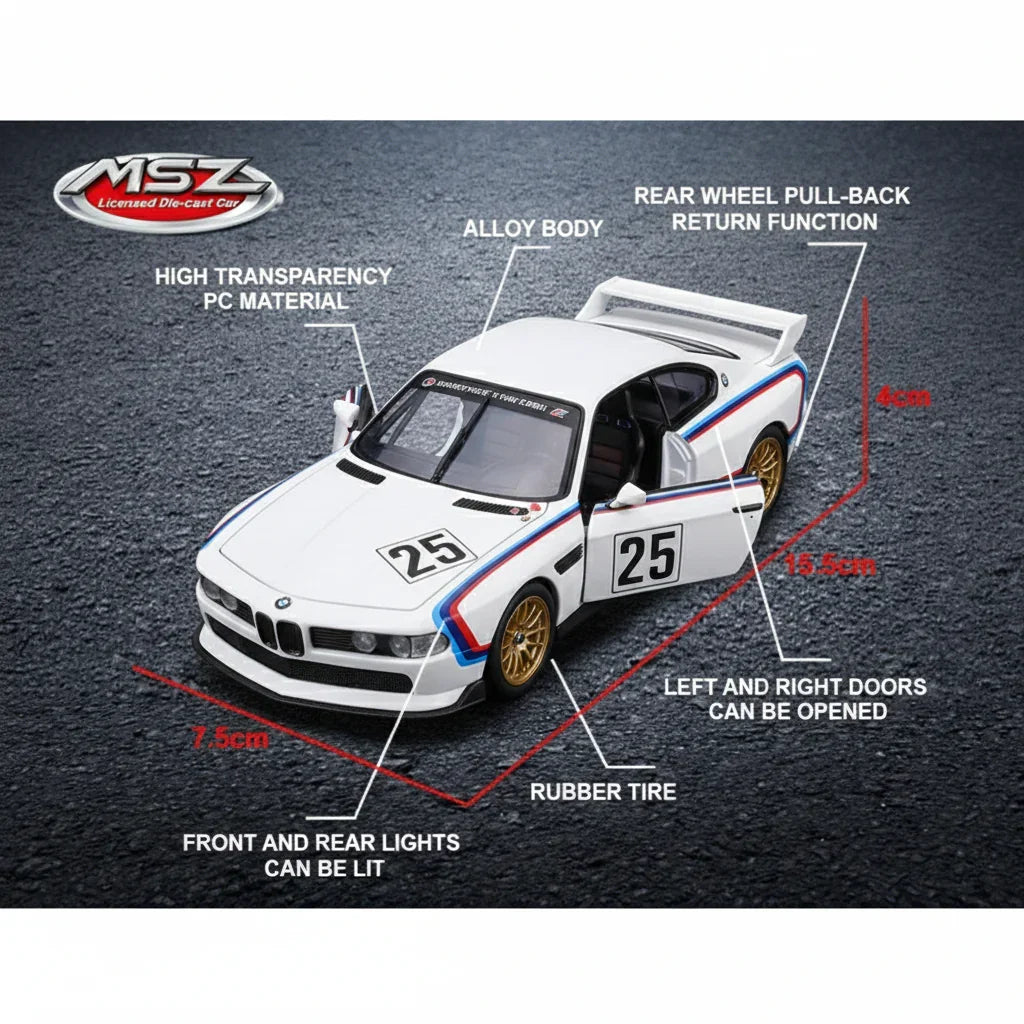 MSZ 1:32 BMW 3.0 CSL Die-Cast Model Car – White|Pull Back, Openable Doors, Light & Sound (68732A)