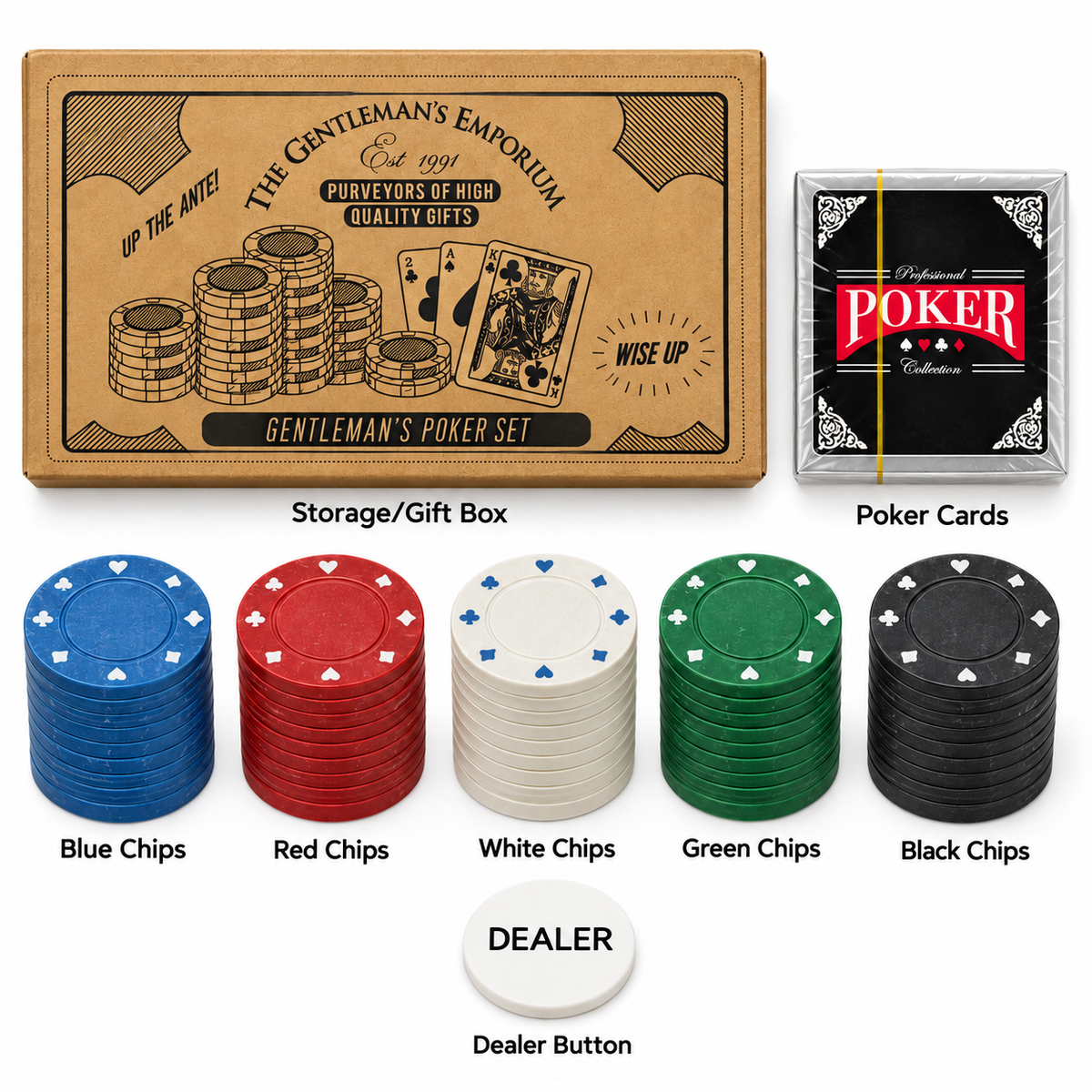 The Gentleman’s Emporium Poker Set with Multicolour Chips, Playing Cards & Dealer Button – Classic Poker Game Gift Set