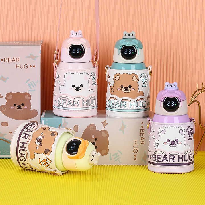 Bear Hug Stainless Steel Digital Water Bottle For Kids with carry bag, additional cup and sipper 500 ML (Green) - Jaiman Toys