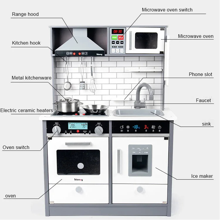 Wooden Kids Kitchen Playset with Light & Sound | Pretend Play Cooking Set With Range Hood, Microwave & Sink | Role Play Toy for Children