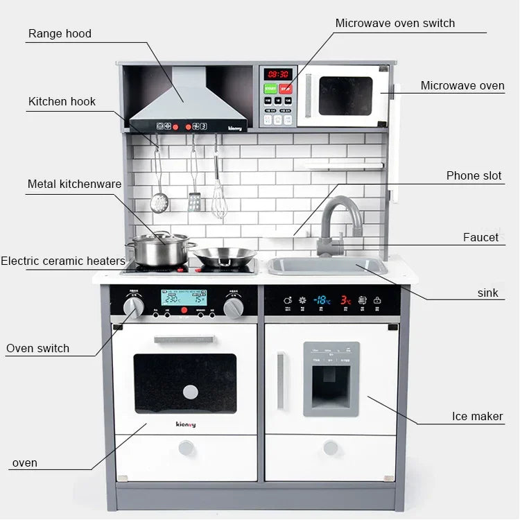 Wooden Kids Kitchen Playset with Light & Sound | Pretend Play Cooking Set With Range Hood, Microwave & Sink | Role Play Toy for Children