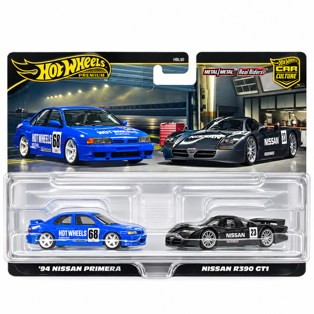 Hot Wheels Premium 1:64 Scale Car Culture Nissan 2-Pack – 1994 Nissan Primera & Nissan R390 GT1 Diecast Model Cars with Metal Body & Real Riders Rubber Tyres (HBL96-953N)