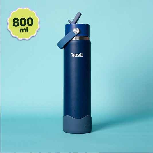 Basil 800ml Stainless Steel Water Bottle with Sipper & Carry Handle | 304 Stainless Steel, Food-Grade Silicone Base | Assorted Design Classic Black, Navy, Plum & Dune