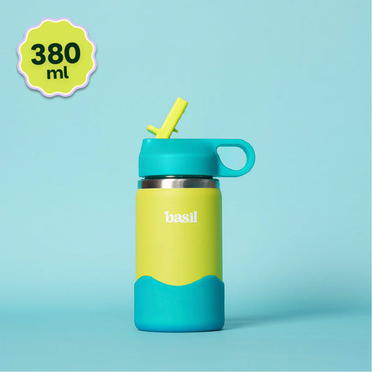 Basil 380ml Kids Stainless Steel Water Bottle with Straw & Carry Loop | 304 Steel, Silicone Protective Base | Glacier Blue & Lagoon Green