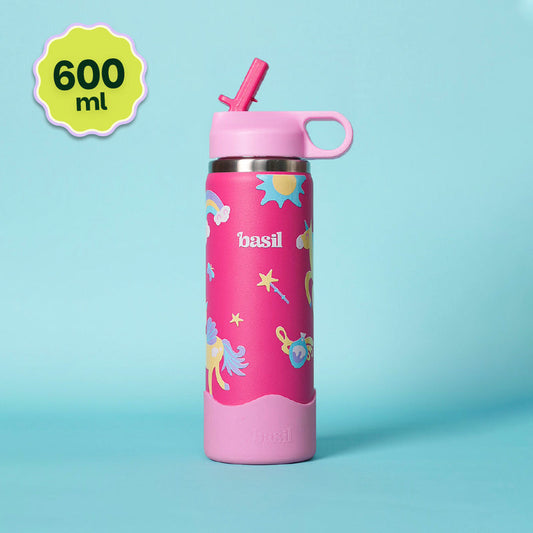 Basil 600ml Kids Stainless Steel Water Bottle with Straw & Carry Loop | 304 Stainless Steel, Food-Grade Silicone Base | Ages 7–12 Years