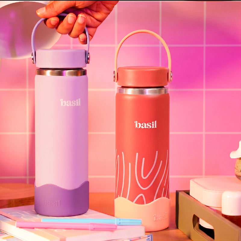 Basil 600ml Kids Stainless Steel Water Bottle with Carry Handle | 304 Stainless Steel, Food-Grade Silicone Base | Classic Lilac & Coral Swirl