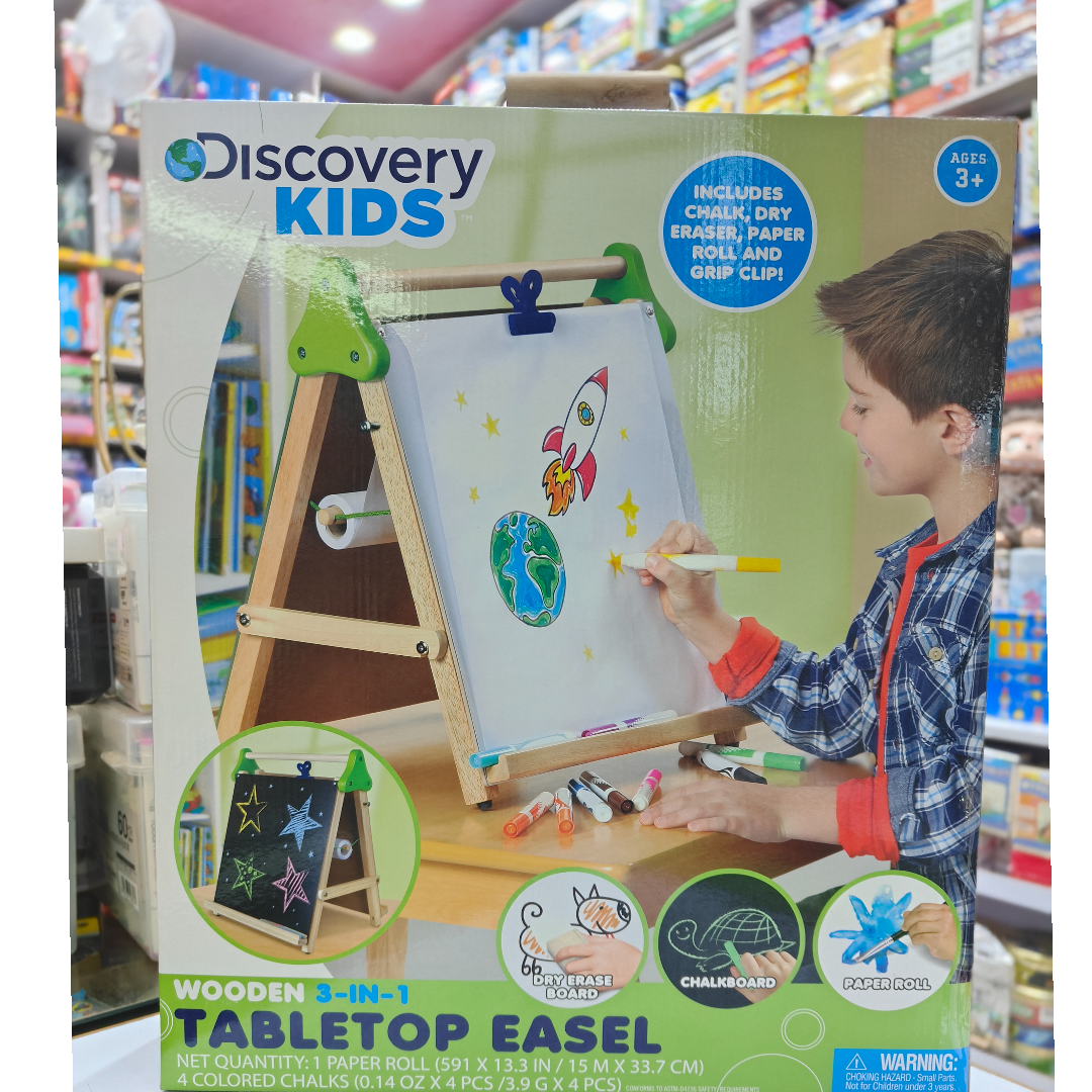 Discovery Kids Wooden 3-in-1 Tabletop Easel | Dry Erase Board, Chalkboard & Paper Roll | Kids Art & Learning Station (Accessories Included)