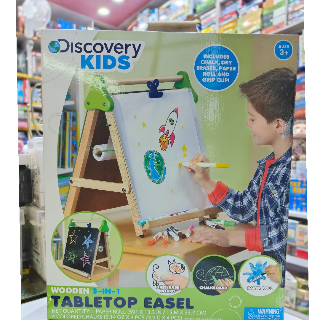 Discovery Kids Wooden 3-in-1 Tabletop Easel | Dry Erase Board, Chalkboard & Paper Roll | Kids Art & Learning Station (Accessories Included)