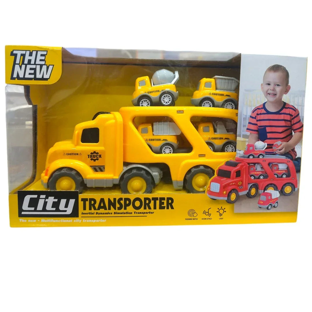 City Transporter Truck Toy for Kids – Inertial Pull Back Car Carrier with Mini Construction Vehicles | Yellow Transport Fleet Set 3+