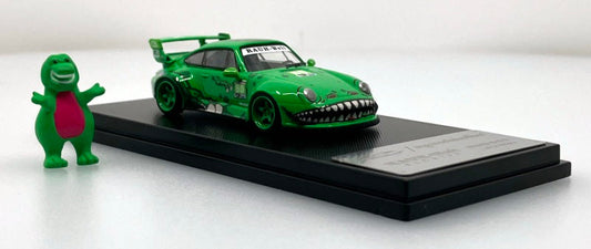 MyModelCollect 1:64 Porsche 911 RAUH-Welt Begriff (RWB) #80 Green Diecast Model Car with Dinosaur Figure & Display Case