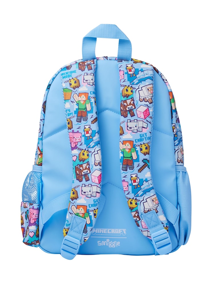 Smiggle x Minecraft Junior Character Backpack (Blue) | 14-Inch Kids School Bag with 3D Pixelated Bee Pocket & Minecraft Graphics