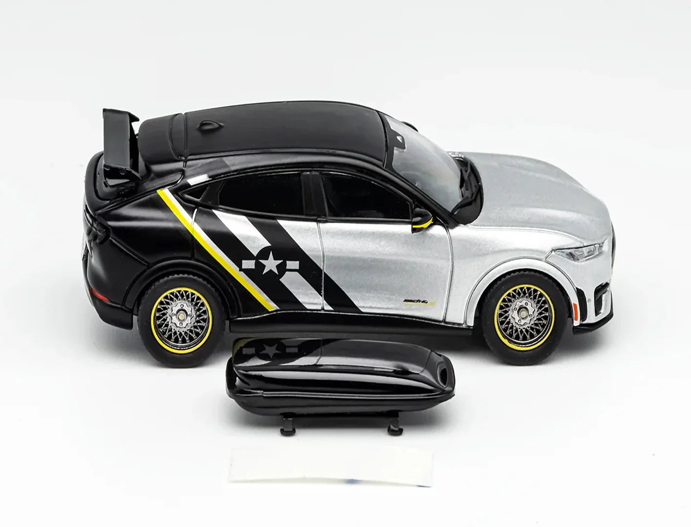 GCD Ford Mustang Mach-e GT SUV Diecast Model 1:64 Scale – Silver & Black Racing Livery Collector Car with Display Box