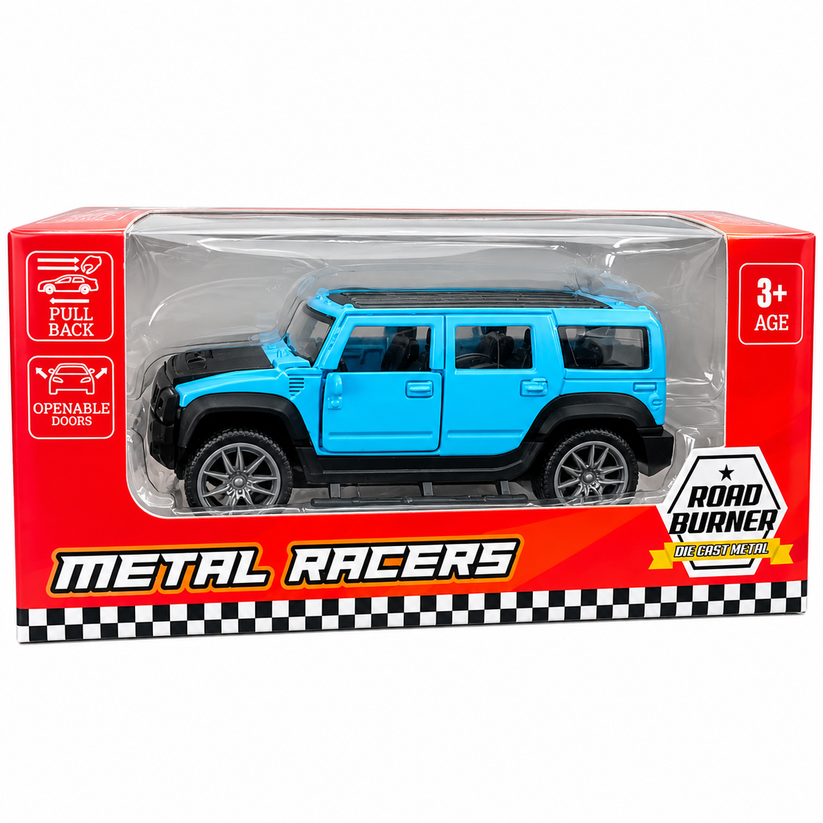 Road Burner Diecast Metal SUV Toy Car 1:39 Scale Model – Blue Off-Road SUV Collectible with Openable Doors, Pull-Back Action, Metal Body | Collectible Toy Car for Kids Ages 3+