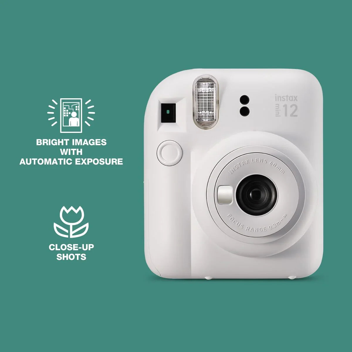 (Damage Box ) Instax Mini 12 Instant Camera With Strap, 2Γ AA Batteries & User Manual - Clay White