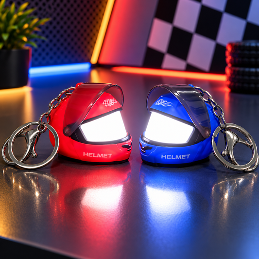 Cool Travel Safety Helmet Miniature Keychain with Light-Up LED Visor – Racing Helmet Design, Portable Key Ring Accessory, Assorted Colours (Random 1 Piece)