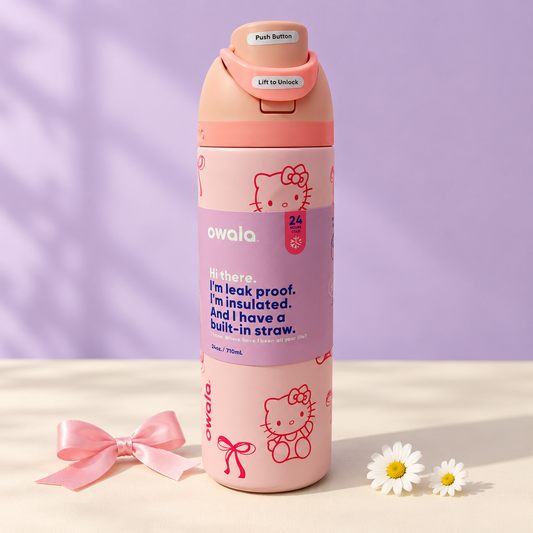 Owala FreeSip 710ml Insulated Water Bottle with Straw – Pink Hello Kitty Design