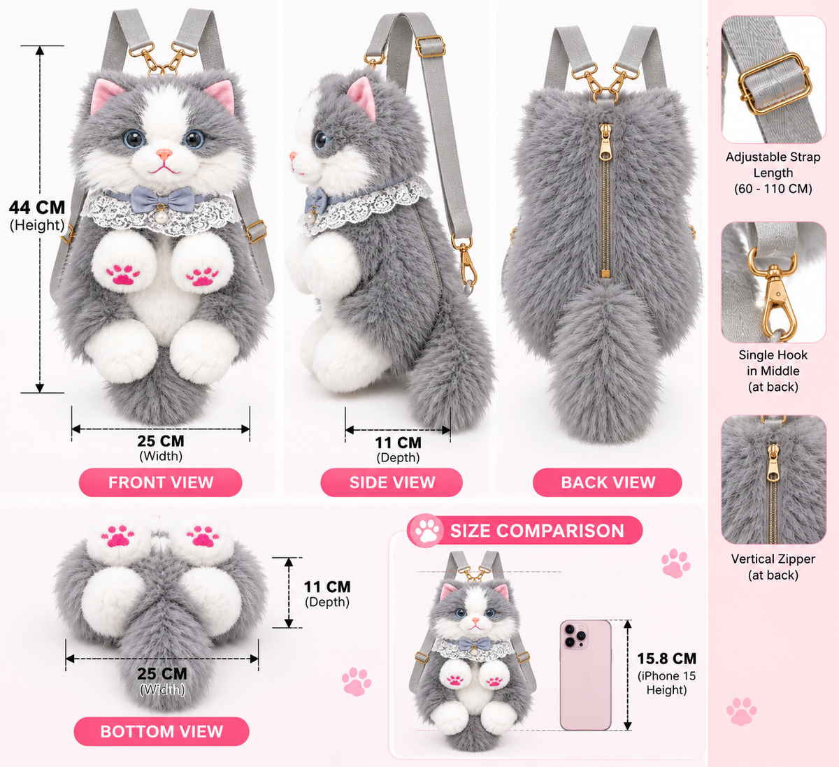 Fluffy Grey & White Cat Backpack & Crossbody Bag | Cute Plush Kitty Daypack with Pink Paw Pads, Lace Collar, Pearl Bowtie & Adjustable Straps for Girls & Women