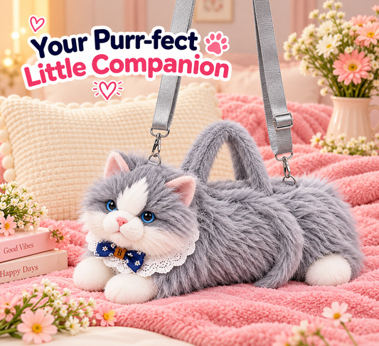 Meowing Plush Grey & White Cat Handbag & Crossbody Bag | Fluffy Kitty Purse with Adjustable Strap & Lace Collar for Girls & Women