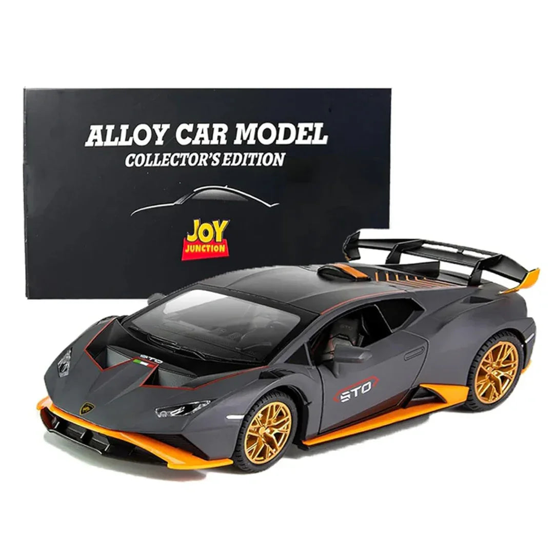 Joy Junction 1:24 Lamborghini STO Die-Cast Alloy Model Car – Pull Back Toy Car with Openable Doors, Light & Sound (Grey) - Jaiman Toys