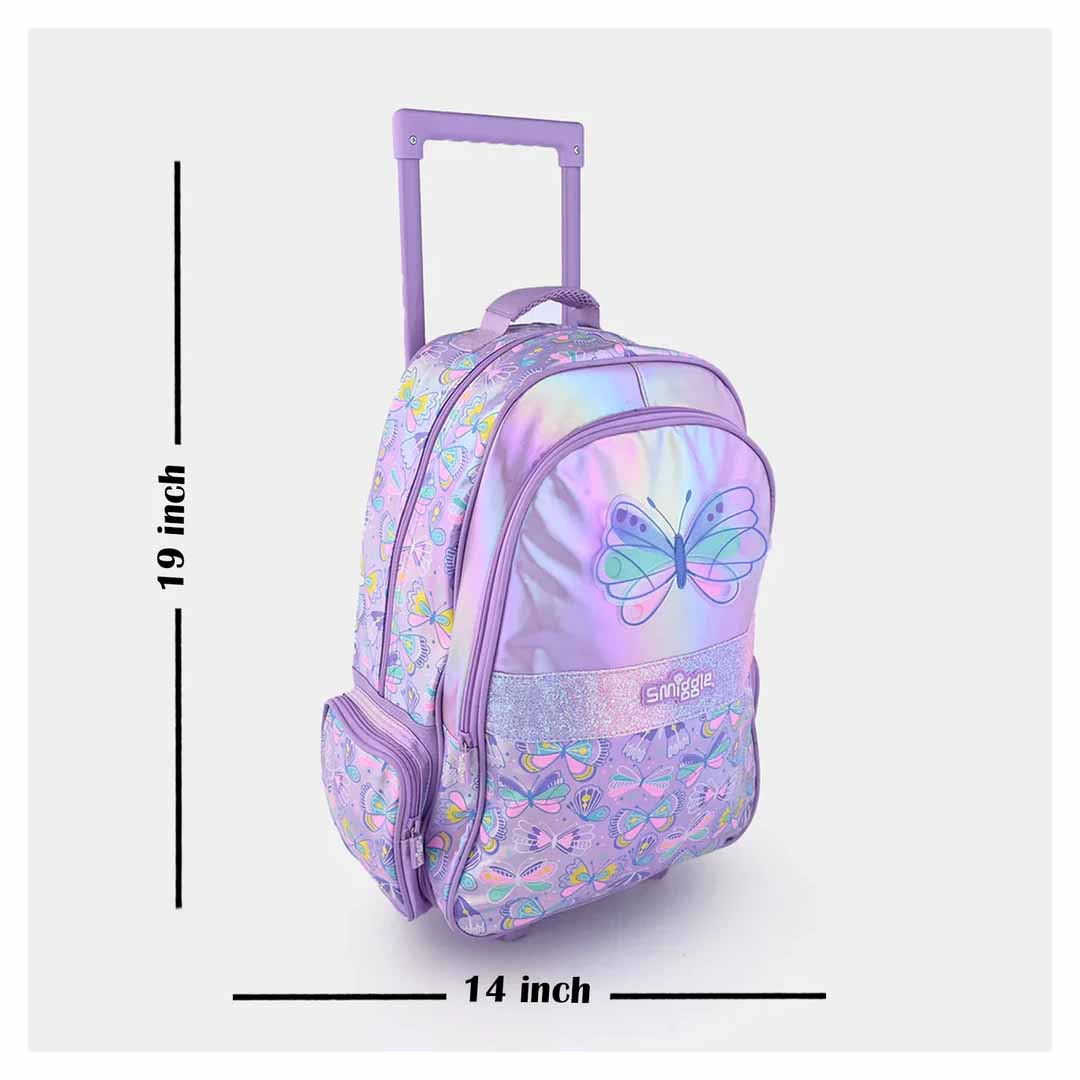 Smiggle Butterfly 18-Inch Light-Up Trolley Backpack for Kids β Colorful Wheeled School Bag with Extendable Handle
