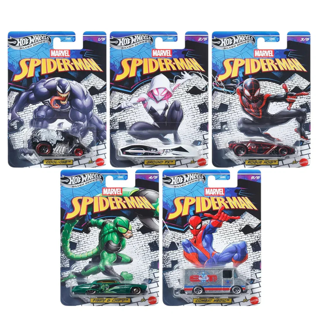Hot Wheels Marvel Spider-Man Silver Series 1:64 Die-Cast Cars | GDG83-952L | Set of 5 Collectibles