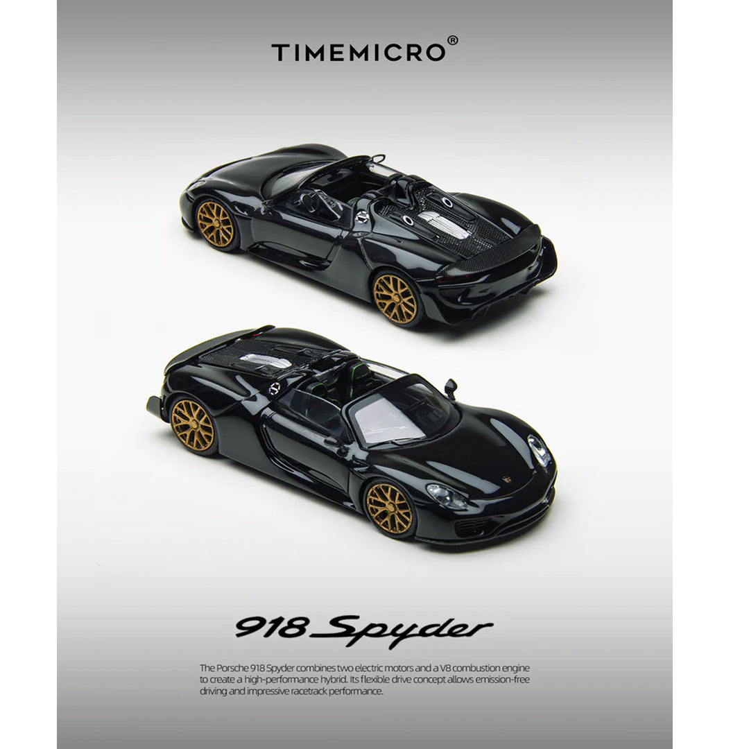 Time Micro 1:64 Porsche 918 Spyder Diecast Model Car – Black with Gold Wheels