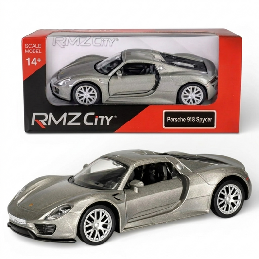 RMZ City Porsche 918 Spyder 1:32 Die-Cast Hypercar | Pull Back & Go | Openable Doors | Red / Silver Grey