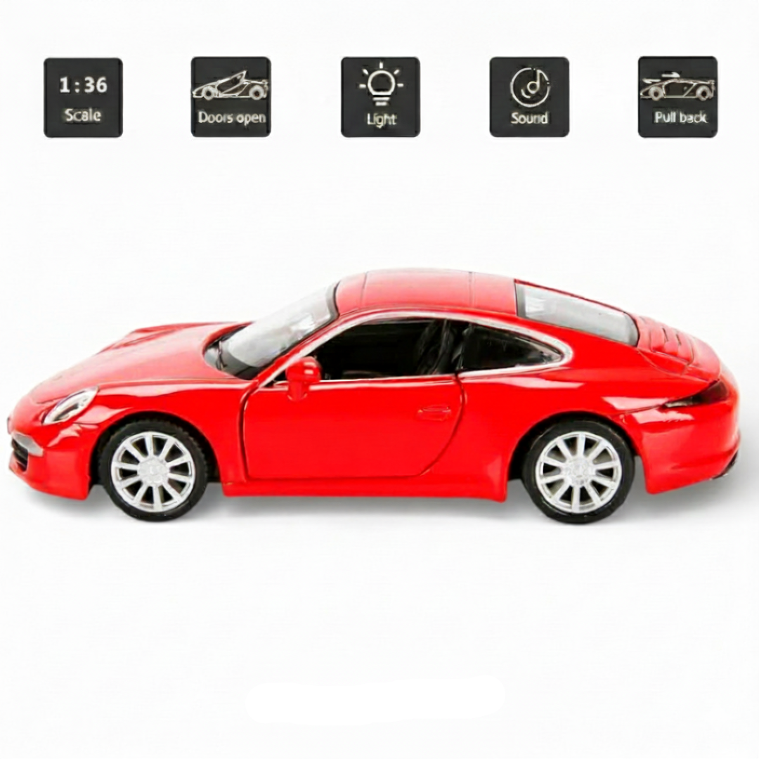 RMZ City 1:36 Porsche 911 Carrera S Diecast Car Model – Red | Openable Doors, Sound & Light