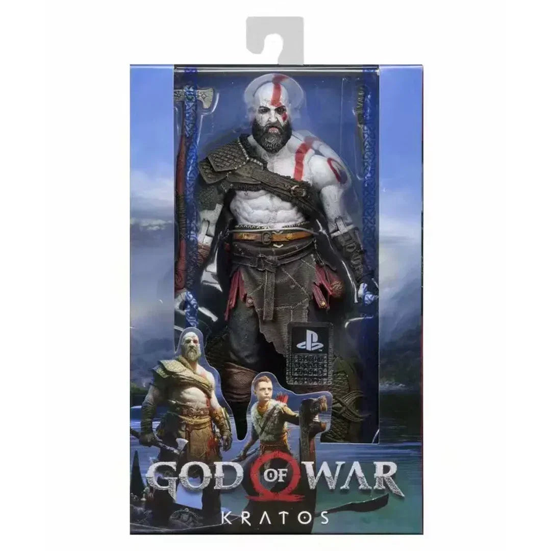 Kratos God of War action figure in collector packaging, featuring PlayStation logo and detailed armor.