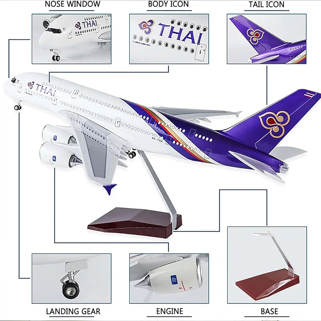 Thai Airlines Airbus A380- 800 LED Lit - Airplane 1/160 Plane Model Replica Toy Decor - 46 cm - Jaiman Toys