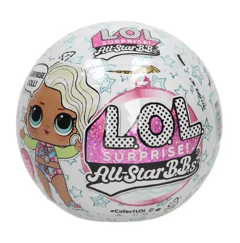 LOL Surprise All-Star B.B.s collectible toy ball featuring doll illustration and colorful stars