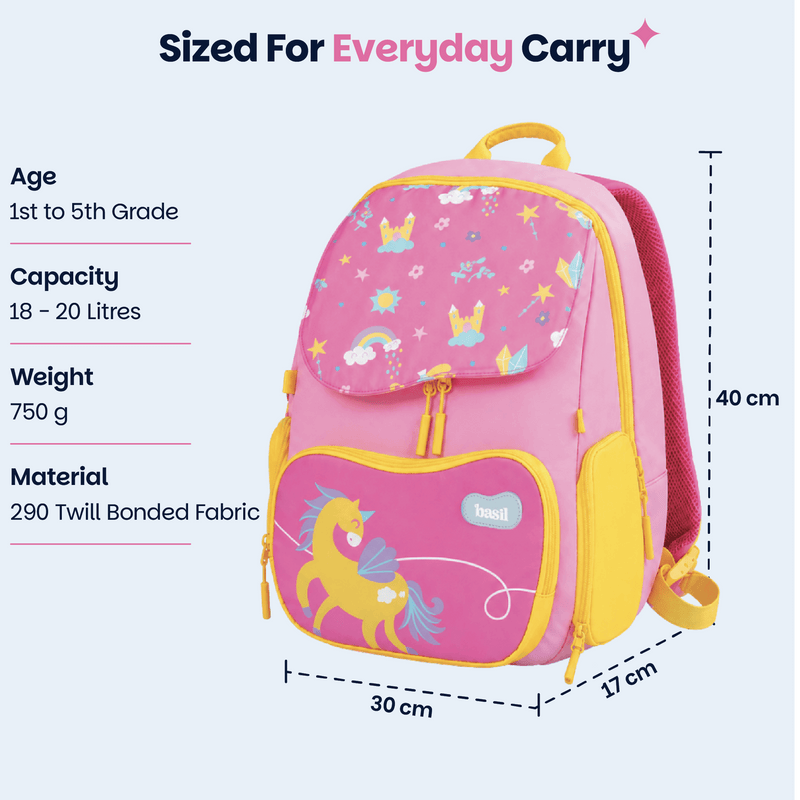 Basil Pixie Dash Kids School Backpack 18–20L | 40cm Unicorn School Bag with Posture Support, Wide Straps & Chest Strap