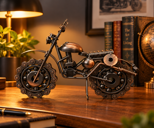 Handcrafted Vintage Metal Motorcycle Sculpture | Steampunk Recycled Scrap Iron Bike Miniature Showpiece | Antique Metal Art Collectible for Desk & Home Decor